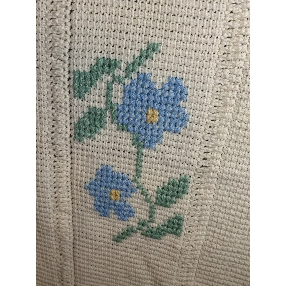 Hand Crochet Afghan Blanket Throw Blue Flowers Cross Stitch Cottagecore 140